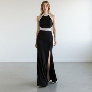 Mac Duggal Black White Beaded Halter Cutout Maxi Formal Gown Dress Wedding Guest